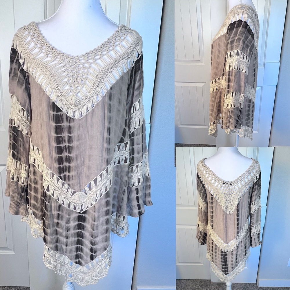 Bohemian Tie-Dye Tunic Crochet Details Bell Sleeve One Size Jessica Taylor NYC
